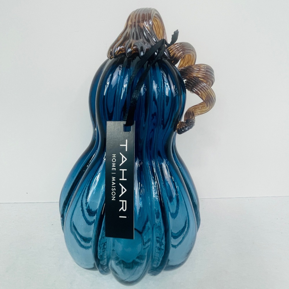 Tahari Home Maison Glass Pumpkin Blue Gourd Twisted Stem Fall Decor New